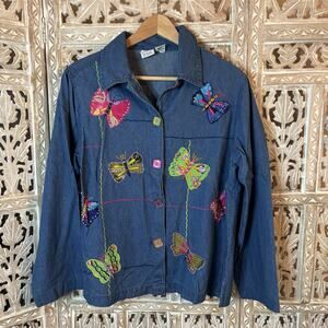 Haband Denim Colorful butterfly Embroidered Artsy Spring Button Up Shirt Size-L